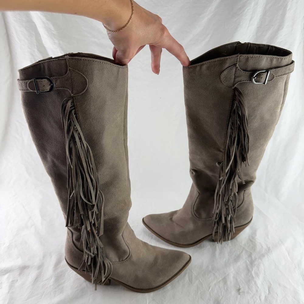 Carlos By Carlos Santana Lever Suede Fringe Grey Tall Boots Womens 10M Western